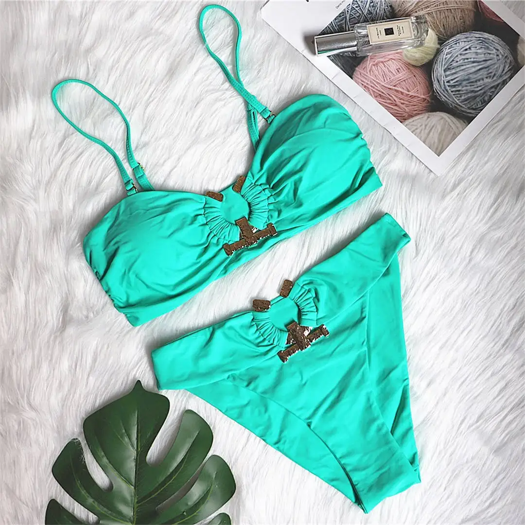 Sexy Metallring-Bikini, trägerloser Badeanzug für Damen, zweiteiliges Bikini-Set, Bandeau-Badeanzug, Badebekleidung, Modell V2855W. – Detail 33