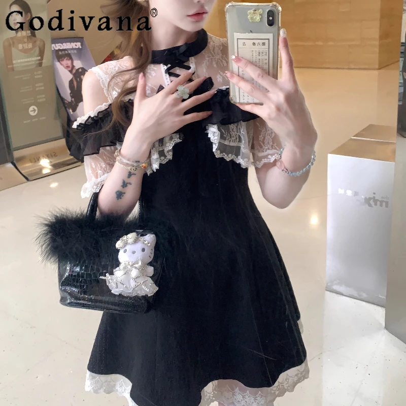 Vestido estilo lolita de renda preta transparente para mulheres verão estilo japonês vestido doce feminino cintura alta vestido curto de princesa
