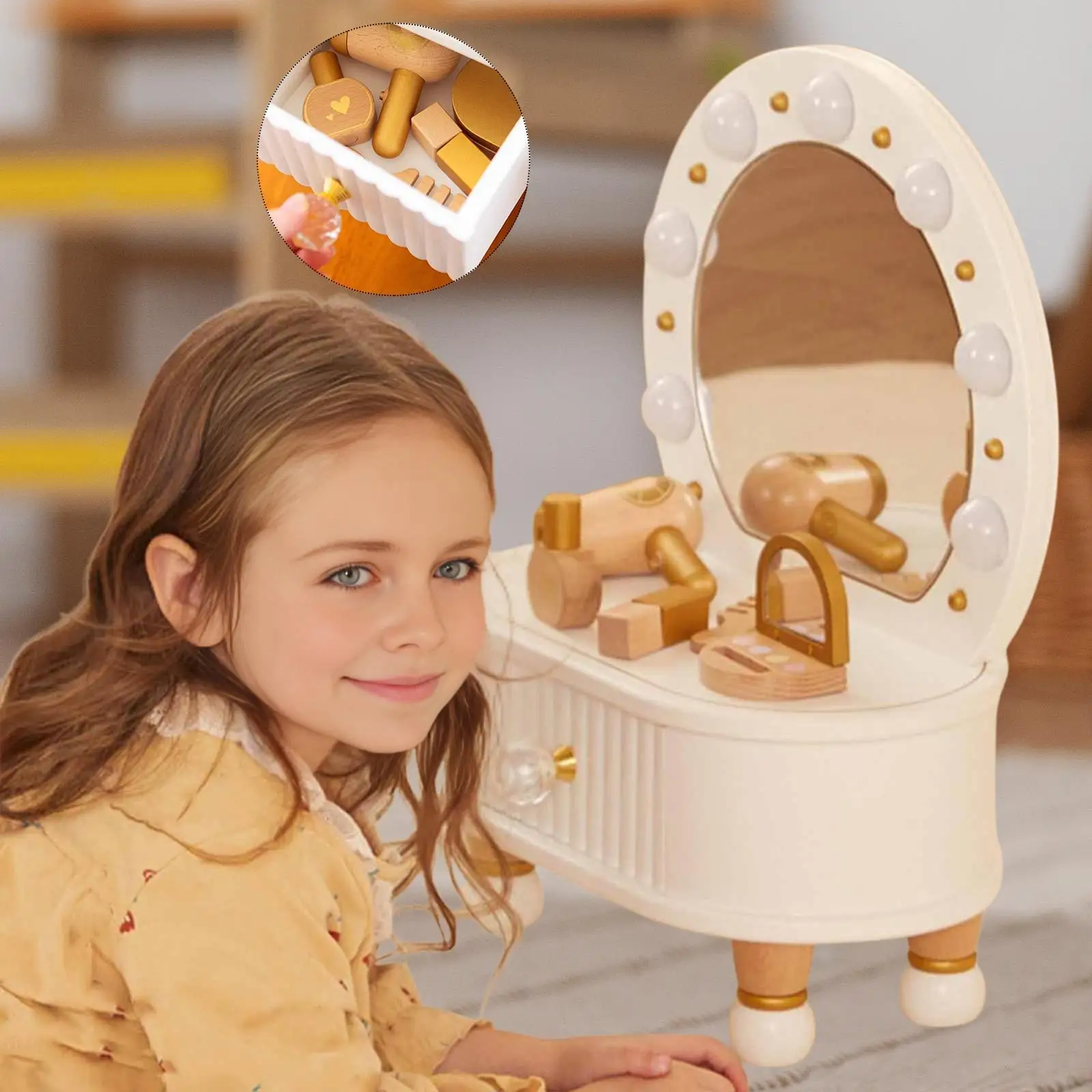 

Wooden Vanity Play Set Educational Princess Dress up Pretend Play Makeup Kit