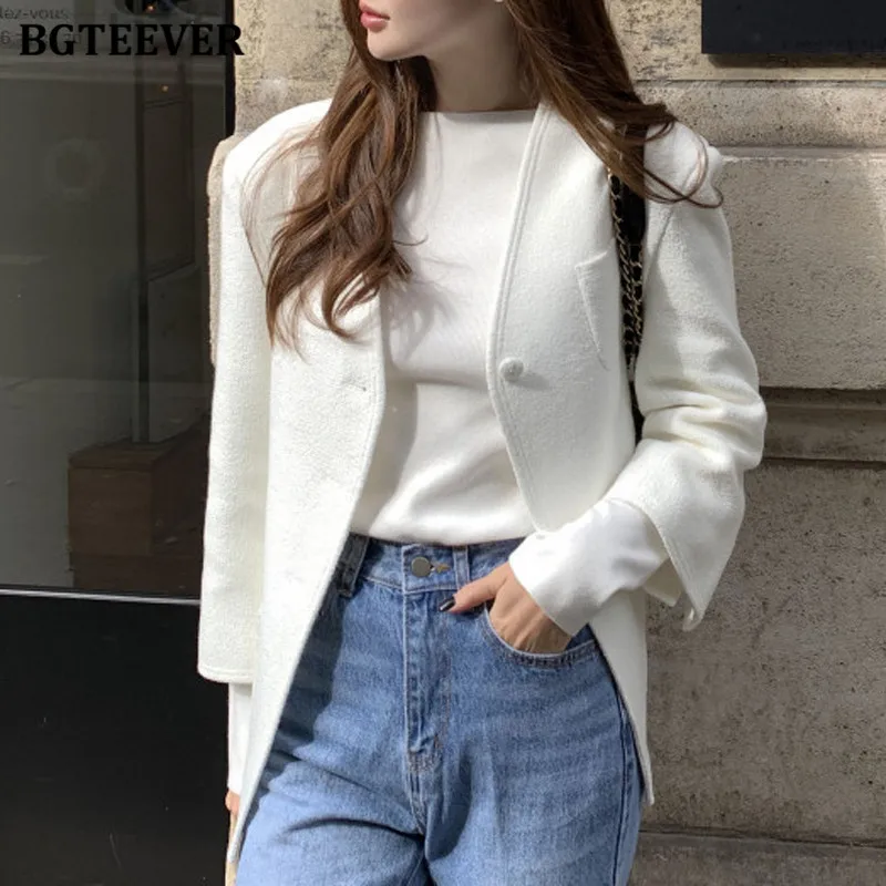 

BGTEEVER Elegant V-neck Pockets Women Jackets Autumn Winter Single Button Solid Ladies Blazer Female Outwear