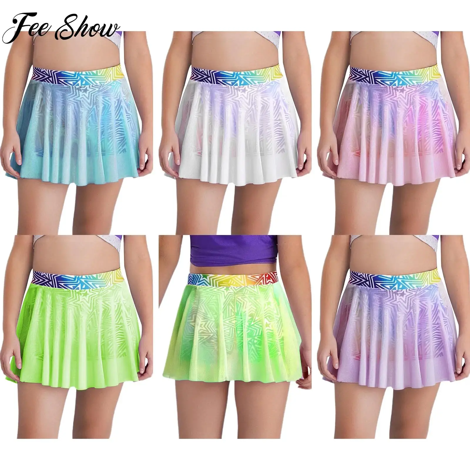 

Kids Girls Tennis Skirt Mesh Golf Athletic Skirt with Built-in Star Printed Shorts Badminton Training Workout Casual Daily Wear