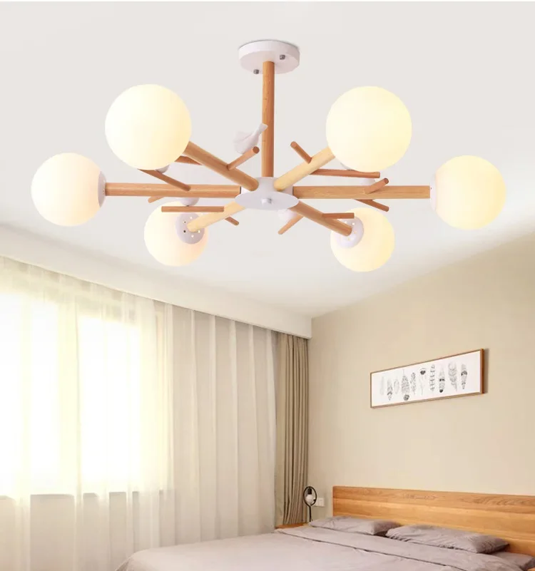 

Modern Hanging Dining Lamps Natural Wood Chandelier With Round Glass Lampshades For FoyerBirds Wooden Bedroom Lighting