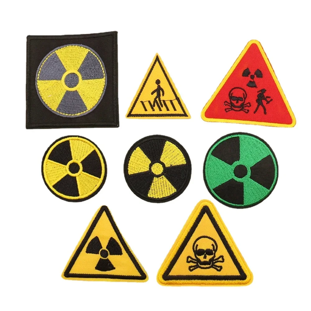 Nuclear Radiation Sign Embroidery Iron on Patch Small Warning Triangle Thermo Adhesive Stickers Toxic Skull Clothing Appliques