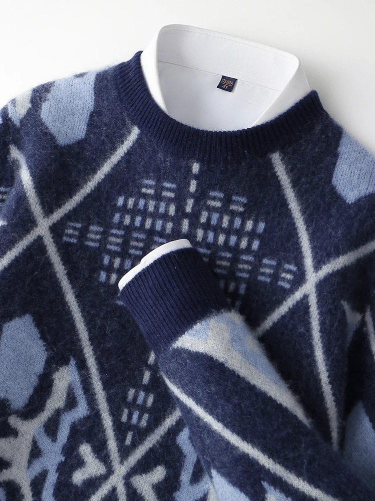 เสื้อสเวตเตอร์ไหมพรมขนแกะเมอริโนแท้ 100% สำหรับผู้ชาย รุ่นใหม่ ฤดูใบไม้ร่วง ฤดูหนาว คอทรงโอ หนานุ่ม สไตล์เรโทร ลายแจ็คการ์ด  ใส่สบาย อบอุ่น