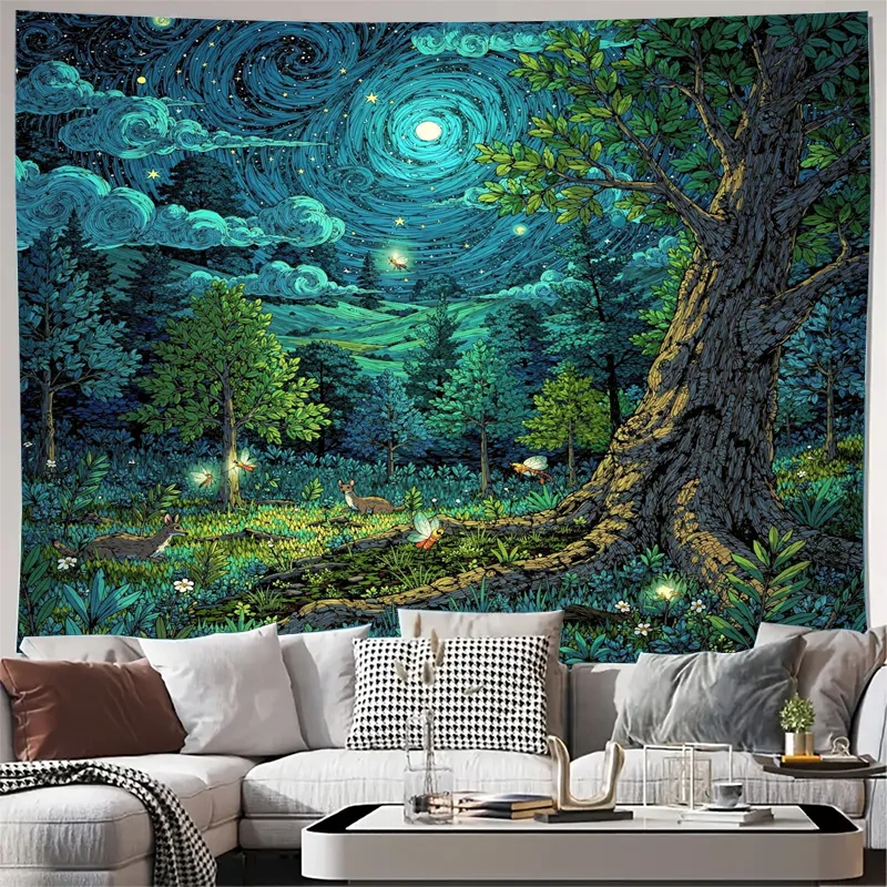 Dreamy Galaxy Forest Tapestry Wall Hanging Cosmic Starry Night Sky Decoration Bohemian Space Nature Art Canvas for Bedroom Livin