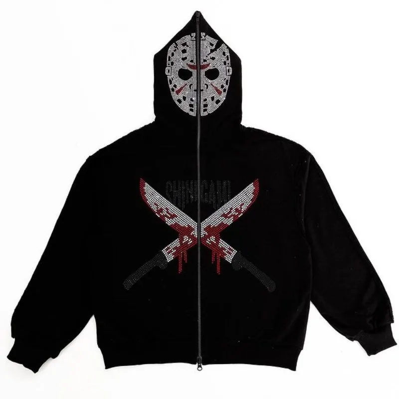 Women Men Y2K Fashion Hoodie Rhinestones Skeleton Print Zip Hoodie clothes Hoodies Goth Long Sleeve Sweatshirt Oversized Tops