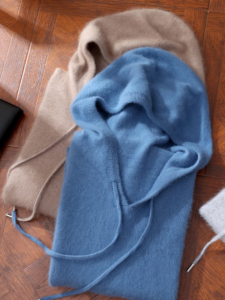 

Autumn Winter 100% Mink Cashmere Hooded Sweater Men Knitwear Pullover Warm Solid Color Plus Size Base Sweatshirt Long Sleeve Top