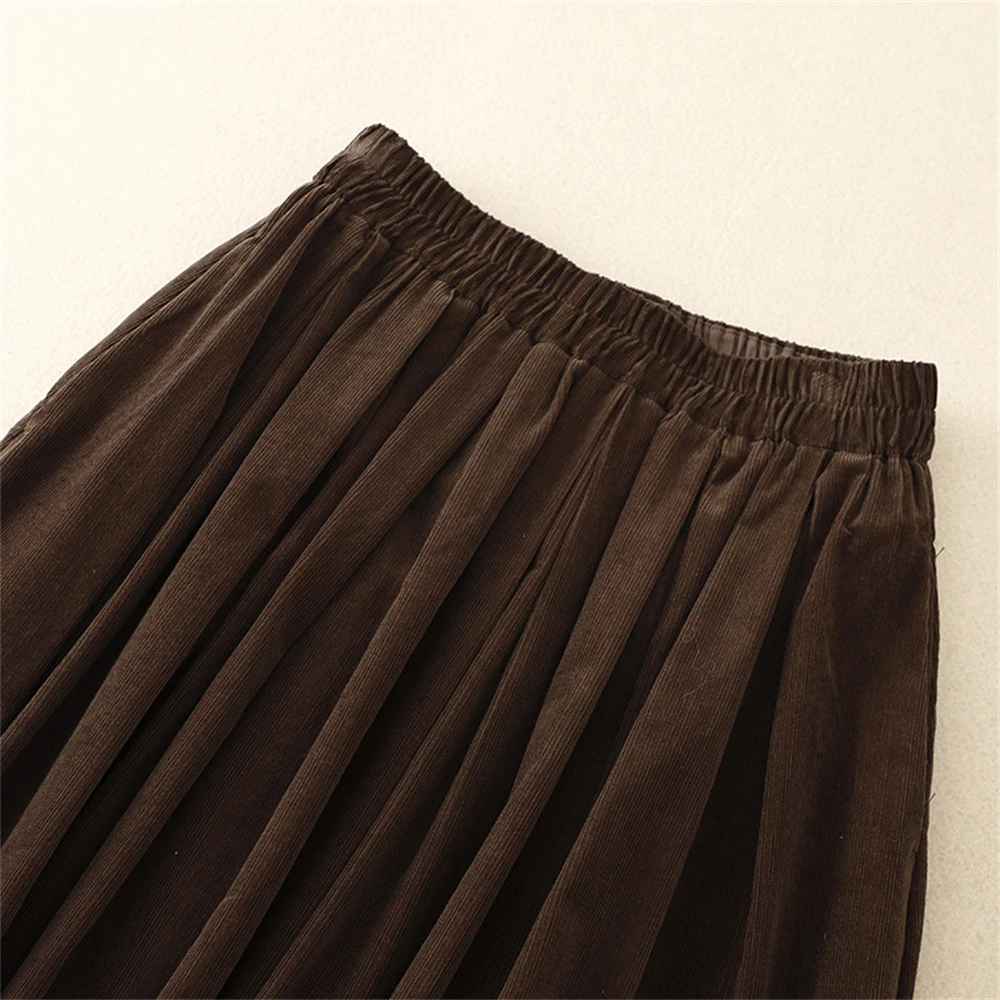 Ladies Japanese Vintage Coffee Corduroy Skirt Women Autumn Winter Sweet Casual Elastic High Waist A-Line Draped Umbrella Skirts