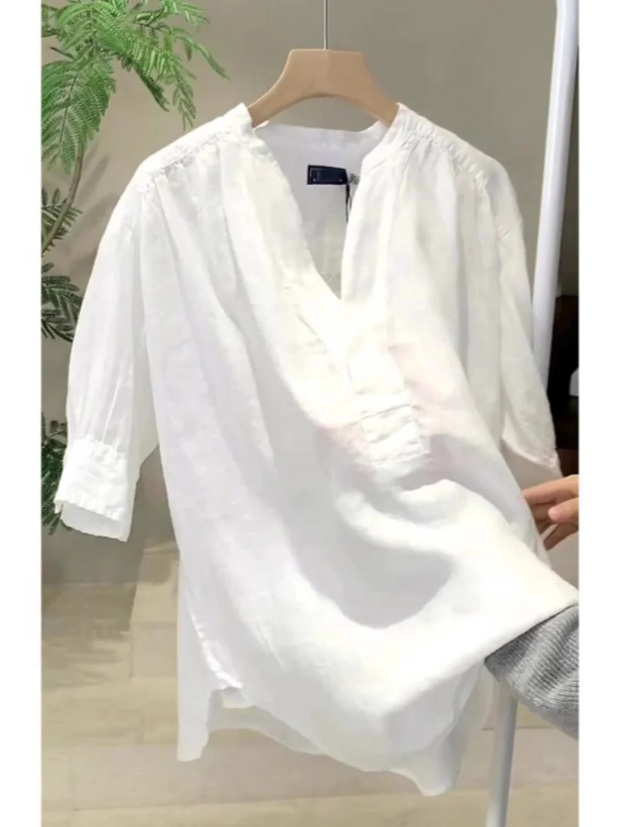 エレホワイトコットンリネンirt女性用サマールーズプラスサイズスリムリネンfオープンカラートップ快適で通気性のある