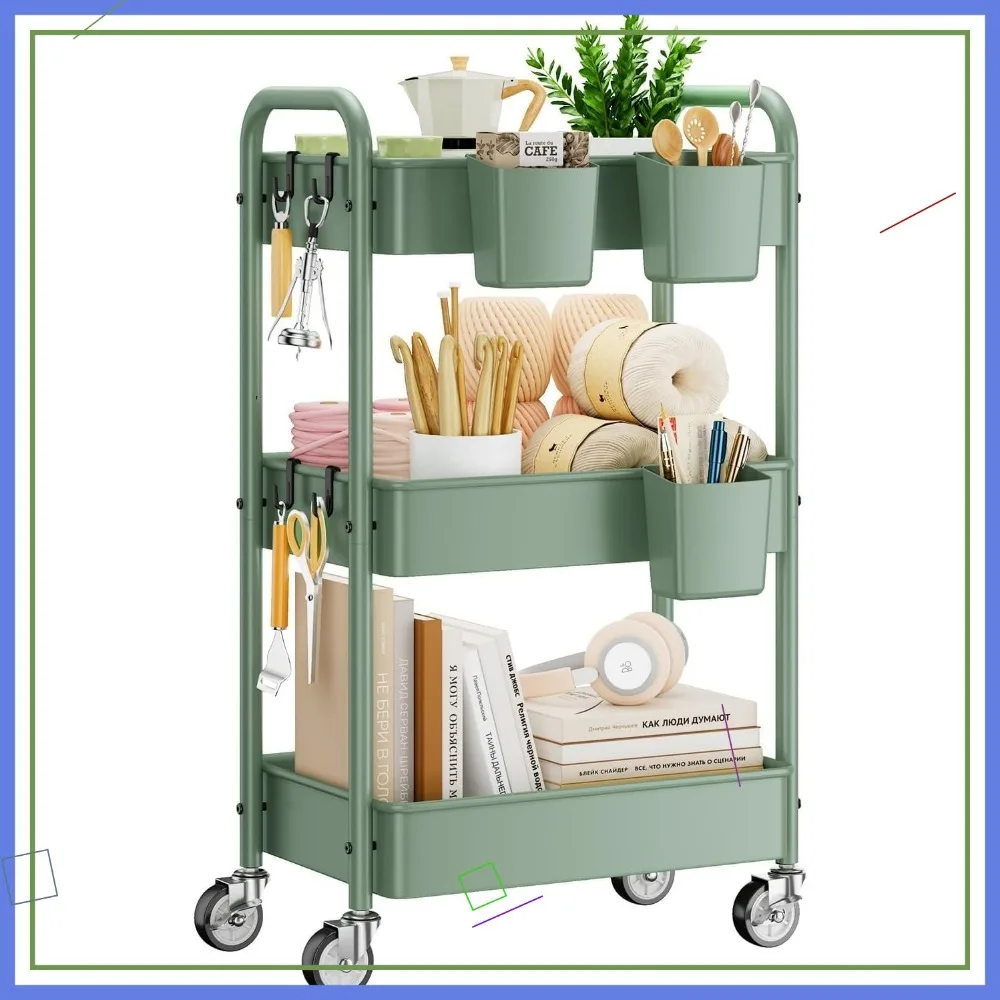 

3-уровневая тележка на колесиках с запираемыми колесами, грузоподъемность 66 фунтов, органайзер из зеленой сетки для кухни, ванной комнаты, стирки