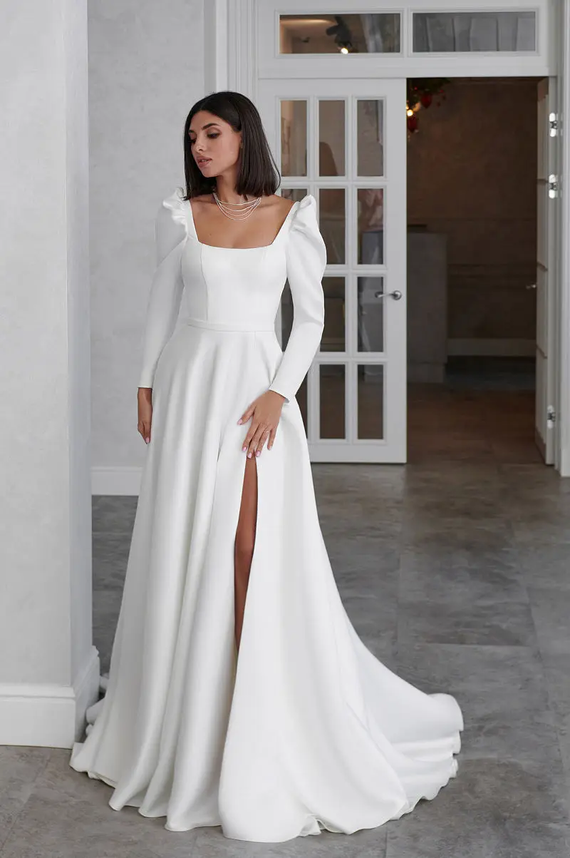 A-Line Wedding  Dress Long Sleeve Square Collar Side Slit Simple Satin Open Back Beach Robe De Mariee Custom Made To Measures