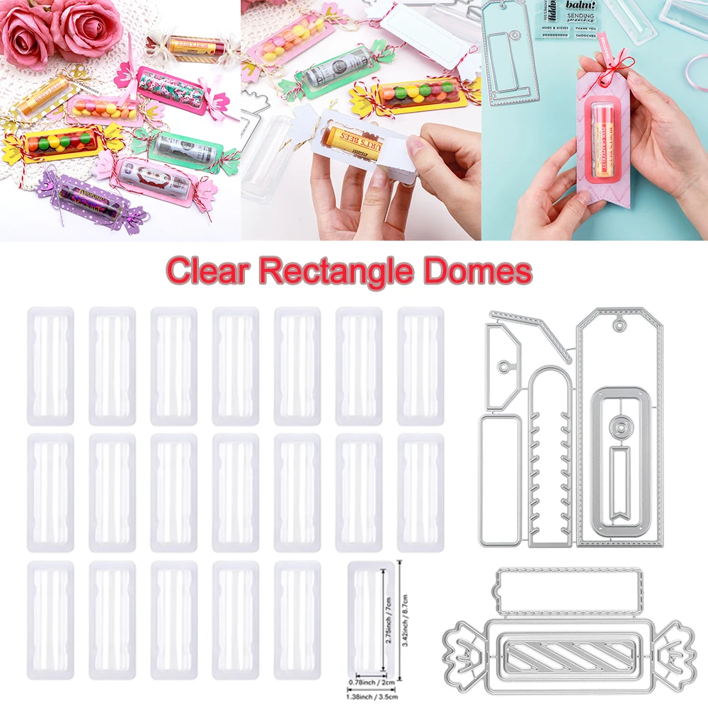 20 Stück/Packung Kunststoff durchsichtig rechteckig 3D-Kuppeln und Tag Candy Die selbstklebende Lippenbalsam-Beutel Geldhalter für DIY Craft GiftCard