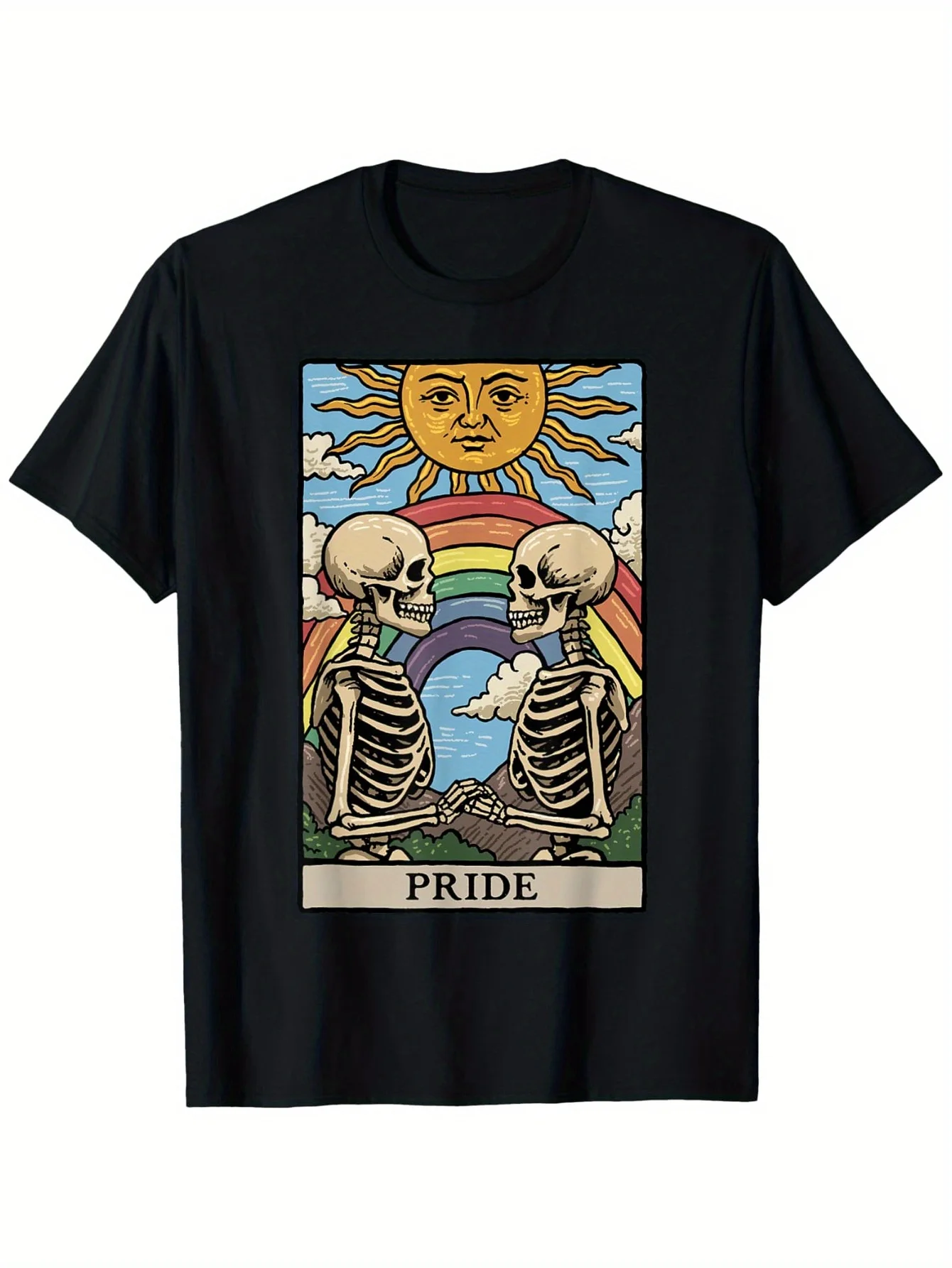 

Men's Pride Tarot XVI Card Gothic Cotton T-Shirt Rainbow Skeletons LGBTQ Pride Tee Symbolic Imagery Print Alternative Fashion