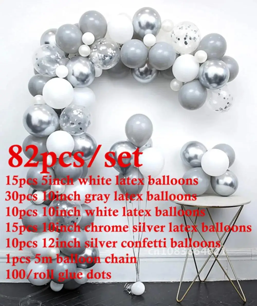 

82pcs Metallic Silver Aluminium Foil Balloon Garland Kit Pastel Gray White Balloon Wedding Birthday Party Baby Shower Decoration