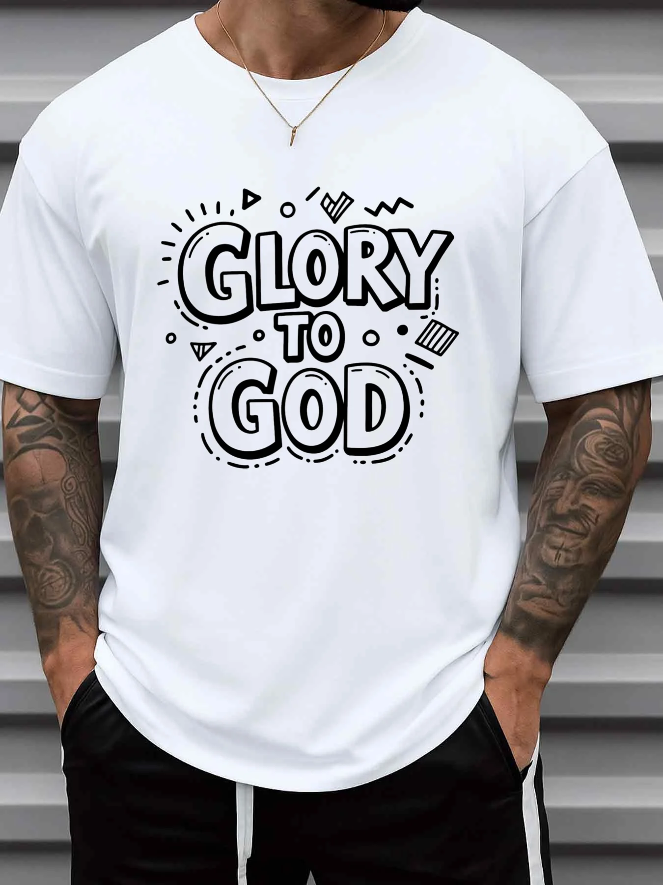 Men's Glory to God T-Shirt Faith-Themed Top - Pure 180g White Religious Apparel with Praying Hands and God Praise Motifs, Suitable for Church, Casual Street Wear, and Everyday Wear