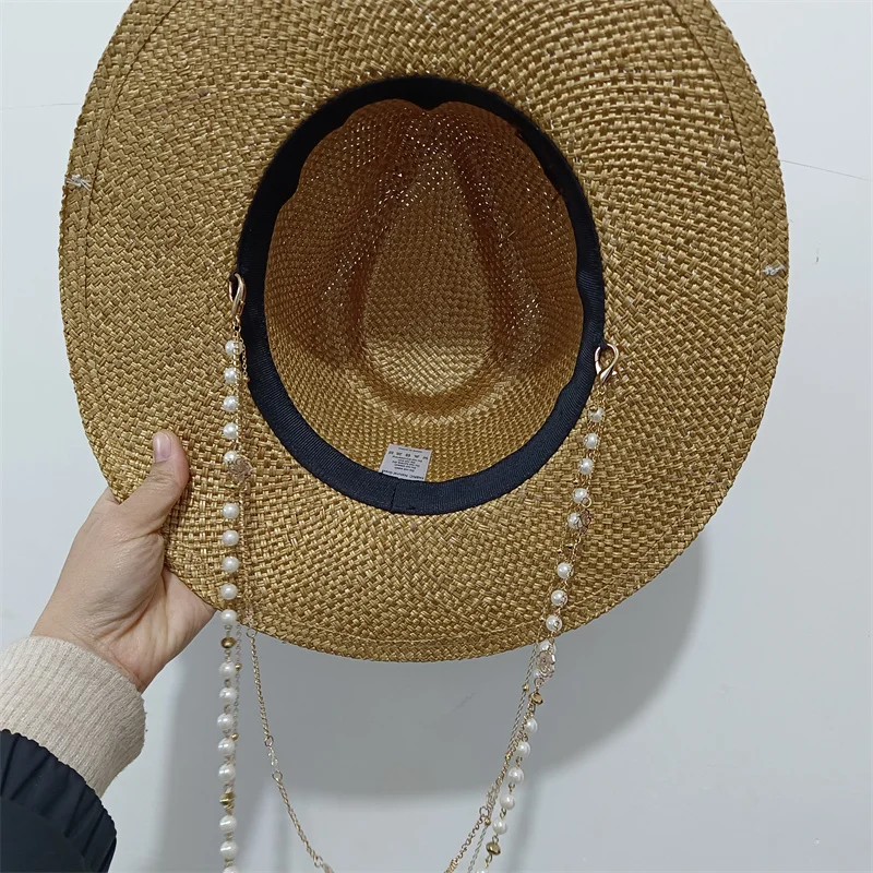 Personalized classic straw hat handmade design hat pearl chain summer sun hat new letter hat beach women gorras para hombres