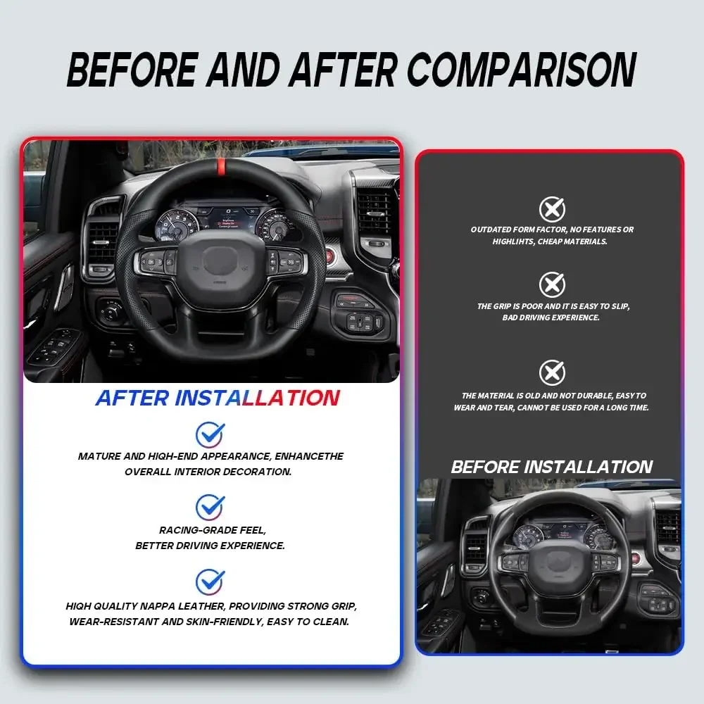 

Fit For Dodge RAM 1500 2019-2024 Full Leather Steering Wheel D-Type Flat Bottom Perforated Leather With Heated Without Paddle Holes