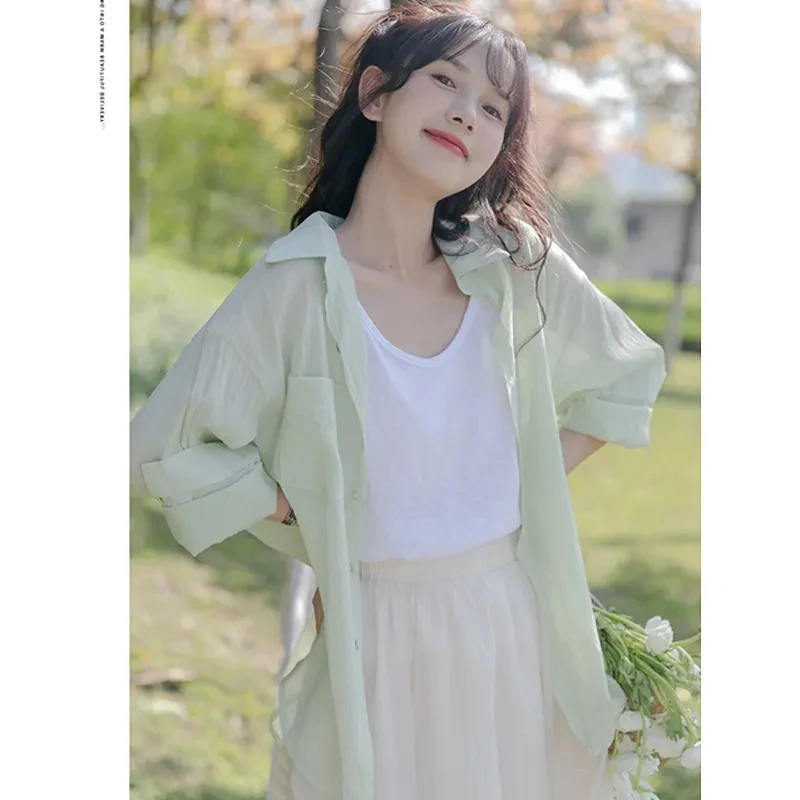 Sweet Chiffon Shirt Women Korean Loose Ice Silk Sun Proof T Shirts Fashion Sweet Thin Solid Casual All Match Tops Summer New