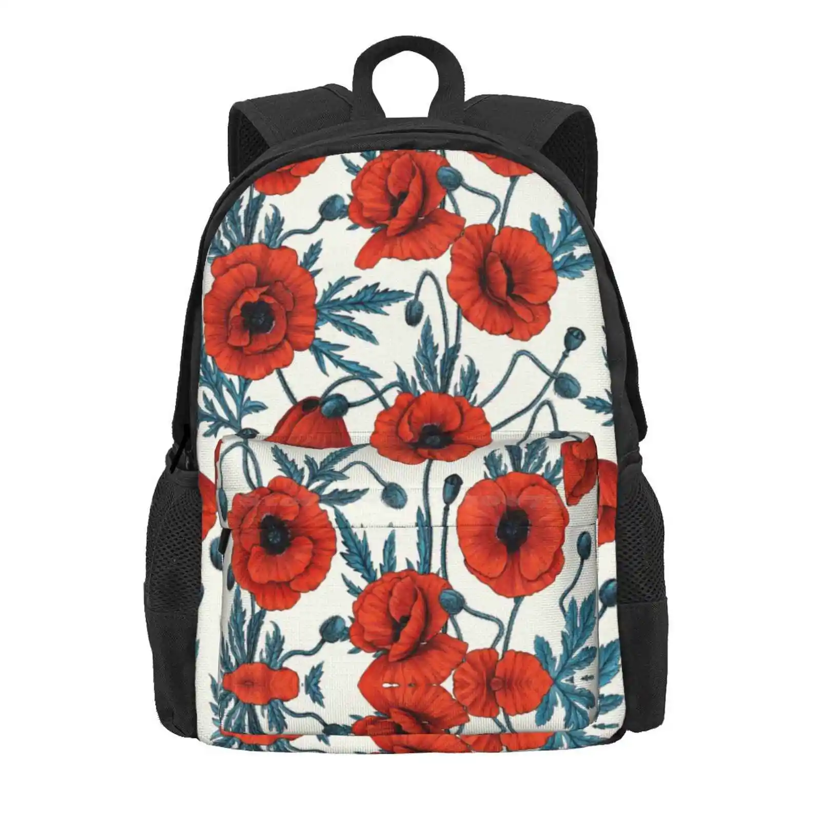 Poppies, Red And Blue On Natural White Hot Sale Schoolbag Backpack Fashion Bags Poppy Papaver Flower Floral Botanical Nature