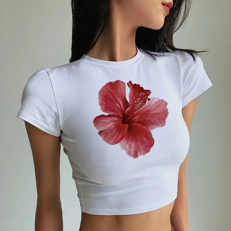 Hibiscus Flower Print Harajuku Vintage 2000s Y2K Clothing Short Sleeve Crop Top Summer Women Sexy Slim Baby Tees