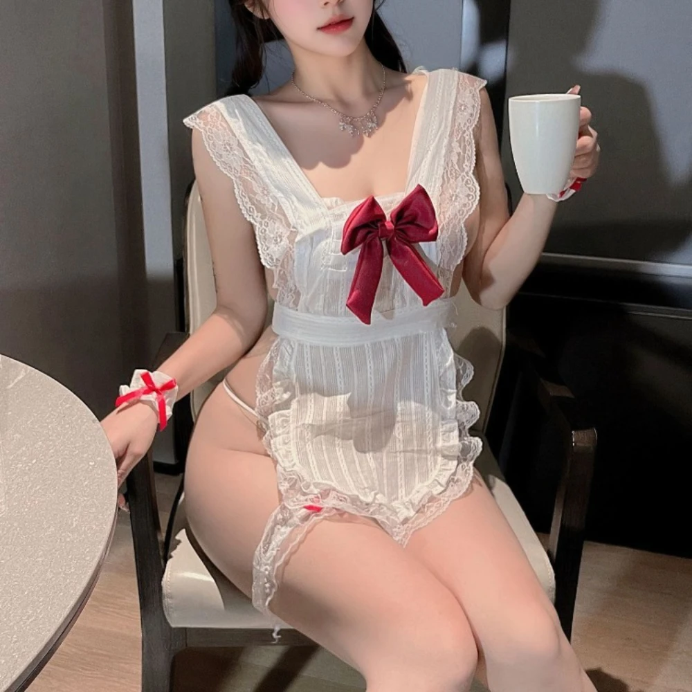 Vestido de sirvienta de Anime para mujer, disfraces de lencería Sexy, delantal de sirviente con bragas, uniforme, ropa exótica de Lolita, encaje blanco