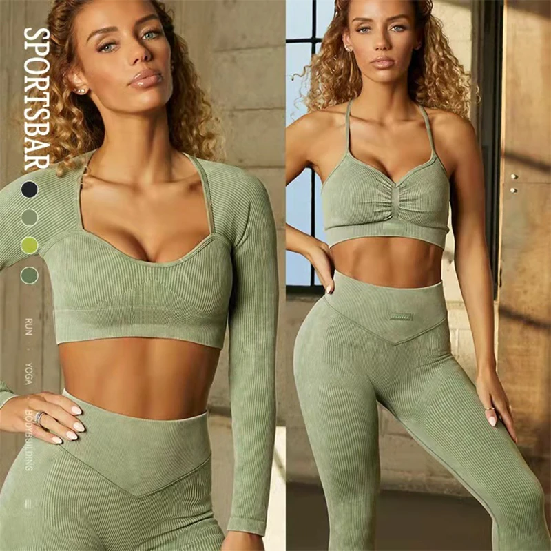 

Women's 6-Piece Sand Washed Seamless Yoga Set Winter Long Sleeve High Waist Tummy Control Yoga Pants with Sports Bra-Leggings