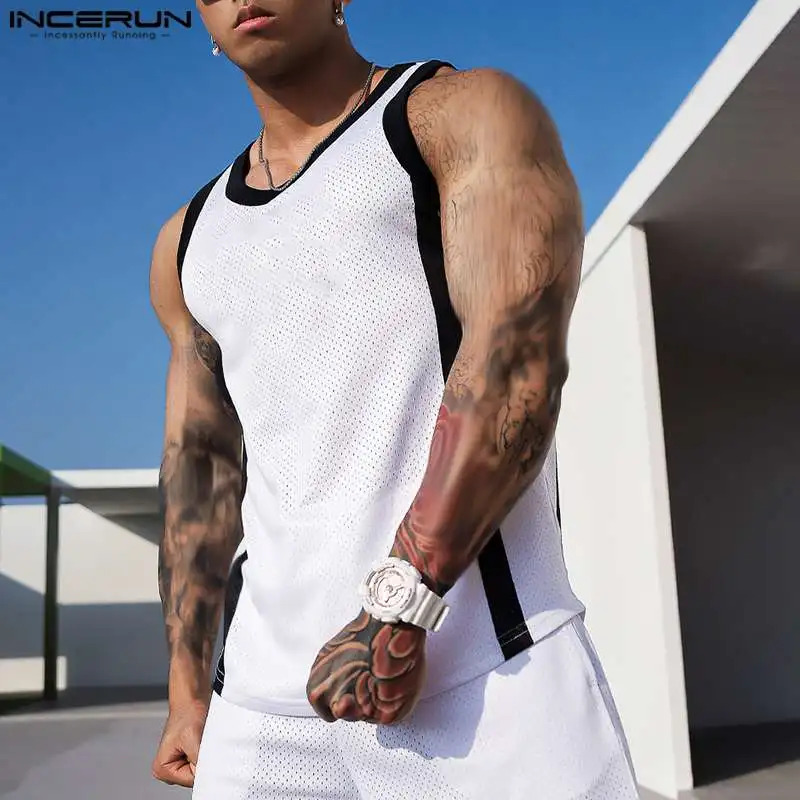 INCERUN 2023 Korean Style Mens Sets Sleeveless Tank Tops Shorts Handsome Men\'s Fashion Black&White Contrast Two Piece Sets S-5XL