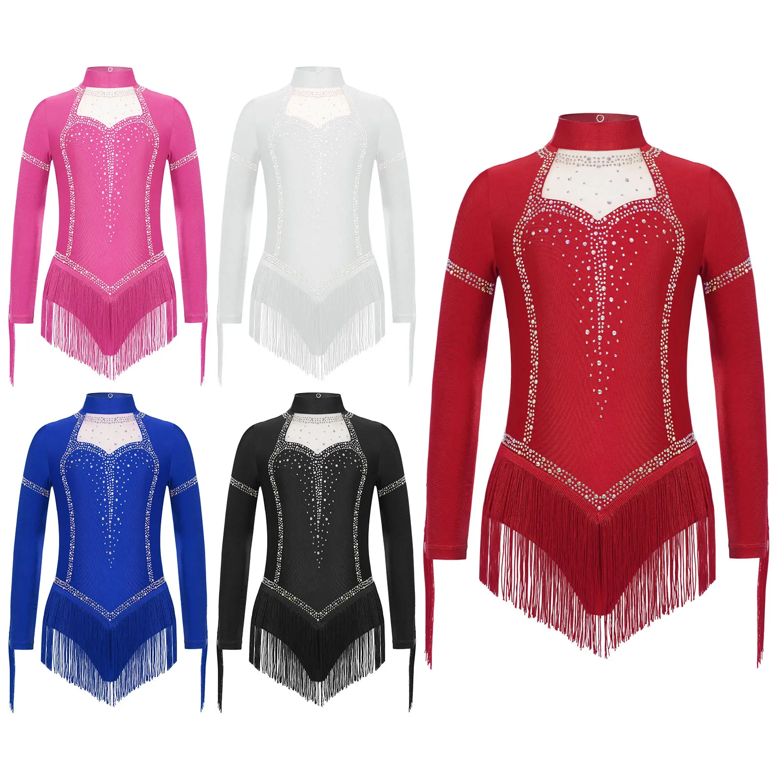 Robe justaucorps de danse lyrique pour enfants filles, en maille, manches longues, strass, franges, Costumes de spectacle de patinage artistique