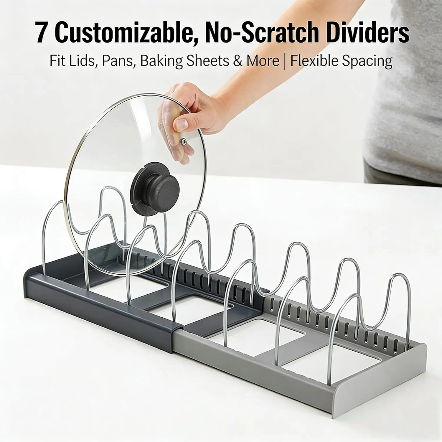 7-Grid Retractable Pan Lid Space Saving Kitchen Cabinet Organizer Cookware Pan Lid Storage Holder Multifunction Drainage Shelf