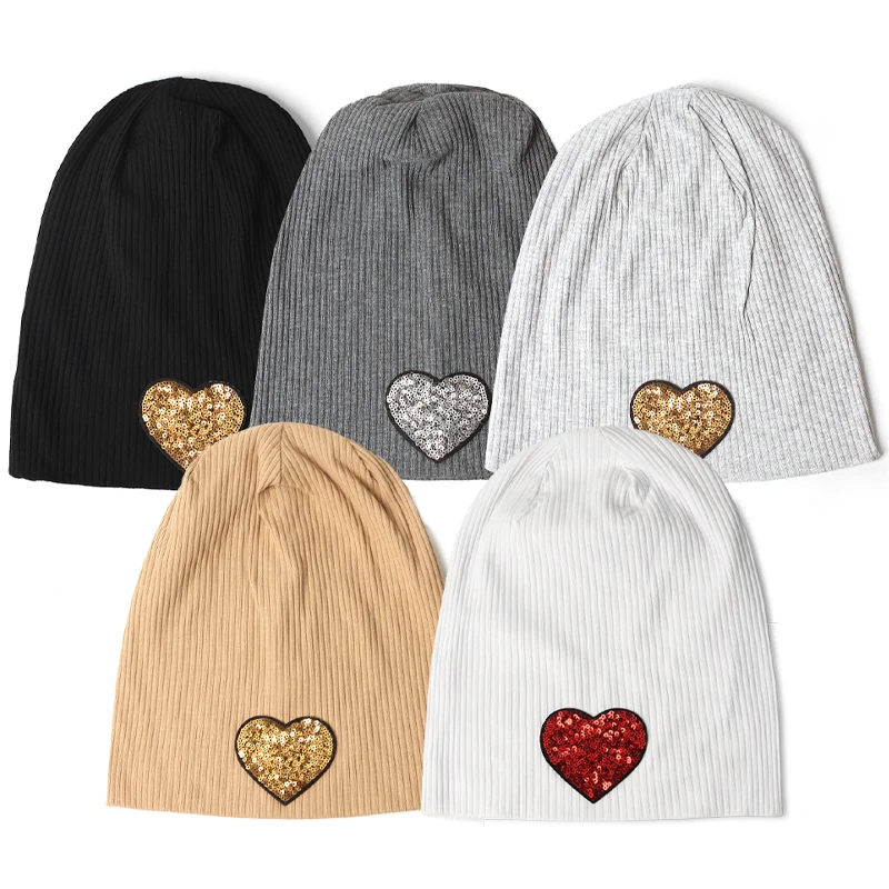 Women\'s Beanie Hat Sequin Love Ladies Cap Spring Plain Color Cotton Knitted Slouchy Beanies Bonnet Female Skull Beanie Hats