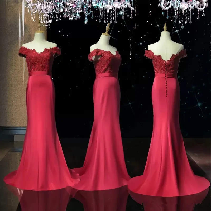 Lace Satin Long Bridesmaid Dresses with Appliques 2022 Off Shoulder Mermaid Prom Beaded Evening Gown Vestido De Novia فستان Red