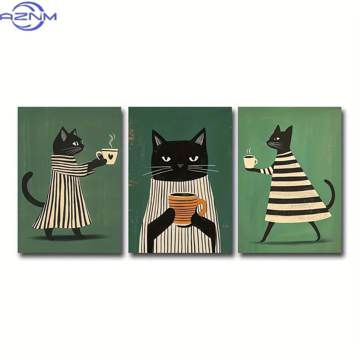 3pcs/Set Minimalist Black Cat Print Chilling with Coffee Wall Art Print, Green Minimalist Art Poster, Vintage Quirky Wall Art, B