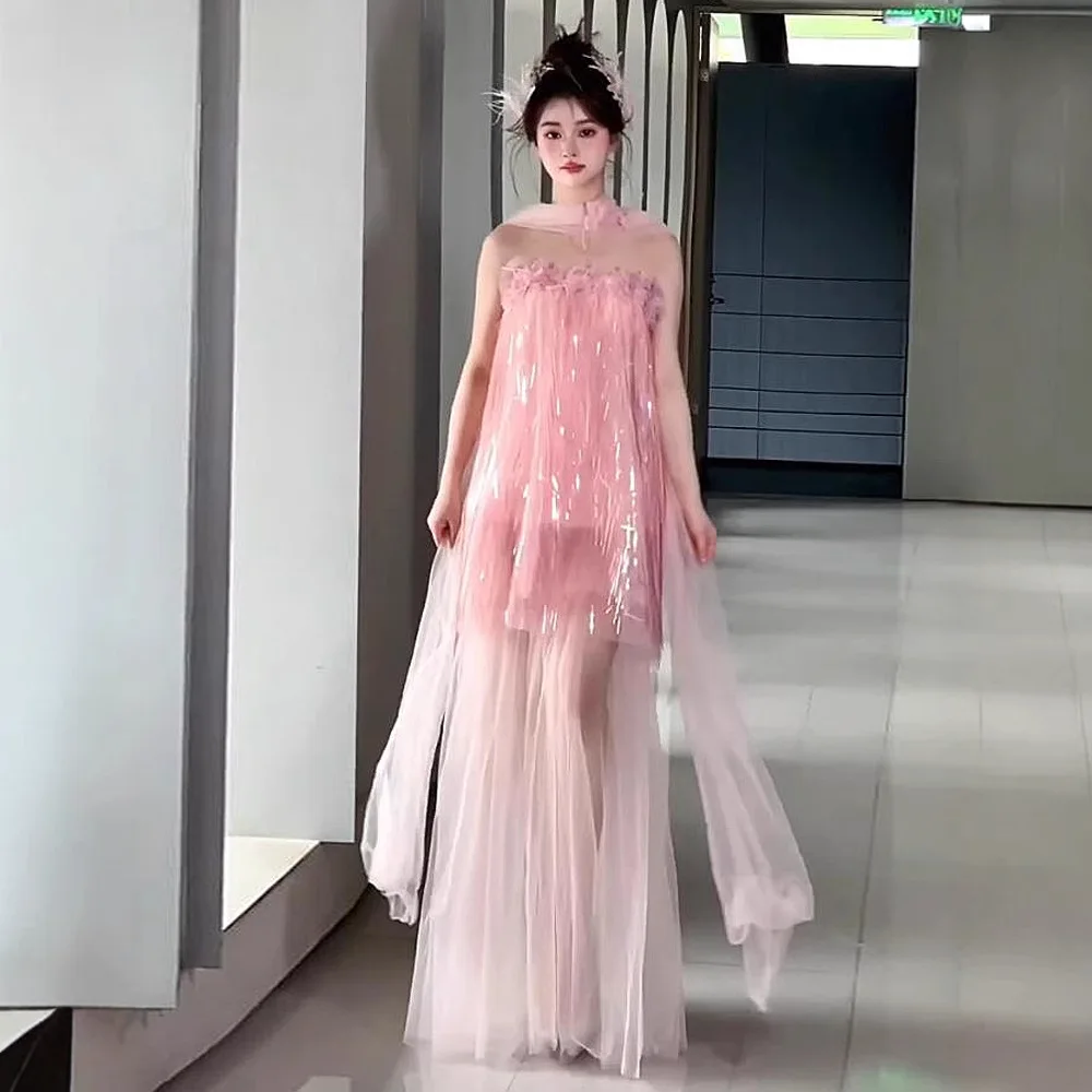

Новое китайское утреннее платье в стиле ретро, розовое, с пайетками, легкое, роскошное, на бретельках, с цветочным узором, для дня рождения, вечернее платье для особых случаев