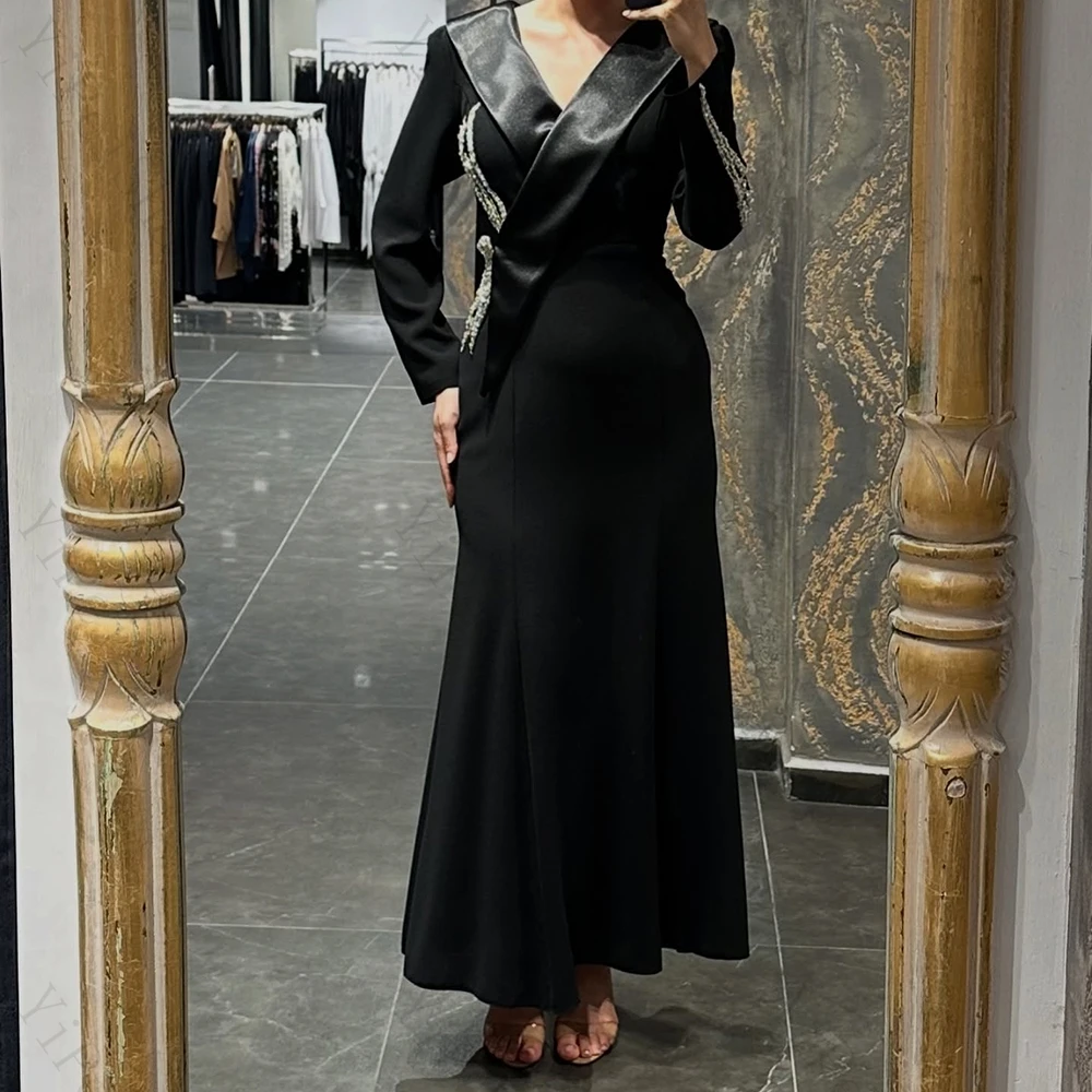 Abiti da sera a trapezio personalizzati Abito da ballo a maniche lunghe con scollo a V alla caviglia Abito da festa casual drappeggiato semplice in cristallo di moda