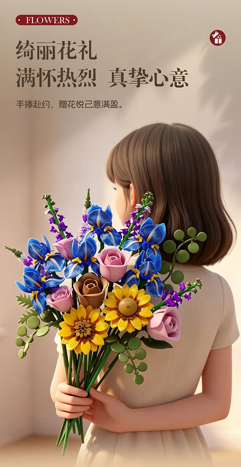 Blumen-Bausteine, Orchidee Cymbidium, Ewiger Blumenstrauß, Bausatz, botanisches Rosen- und Gänseblümchen-Modell, Mini-Bausteine, Spielzeug zur Heimdekoration – Detail 4