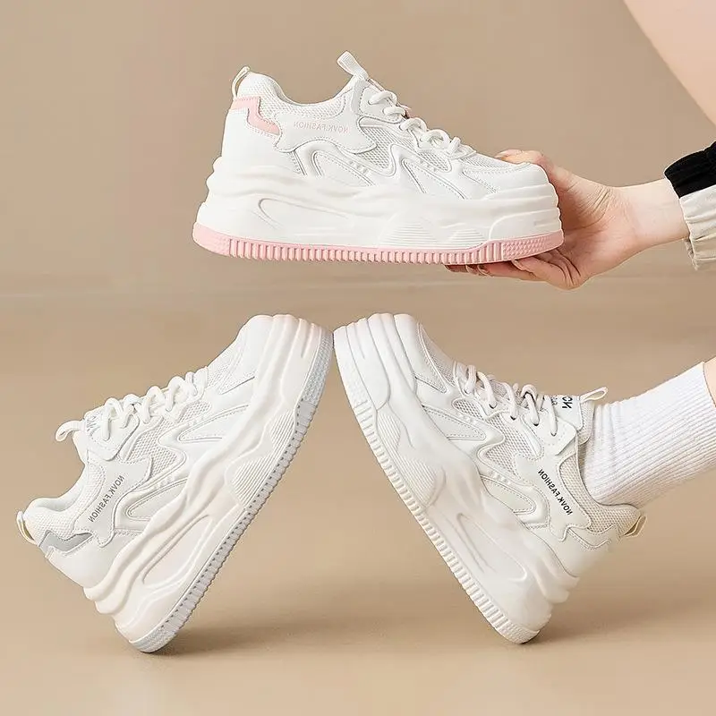 

Trendy Thick Bottomed Genuine Leather Women's Sneakers Korean Style Flat Laced Casual Shoes with PU Clog Outsole And Leather ...