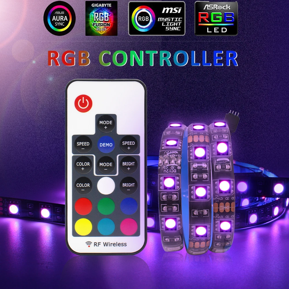 12VDC ARGB LED Strip Light 5050 SMD PC Computer Case RF Wireless Remote Controller SATA LED RGB Tape 4Pin 17key 60LEDs/M 1M 2M