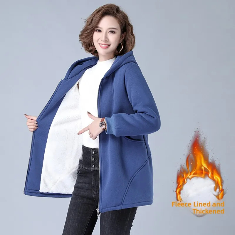 

Женская утепленная толстовка с капюшоном, осенне-зимняя новинка, свободный крой, корейский стиль, для женщин 40+, длинный кардиган-пальто