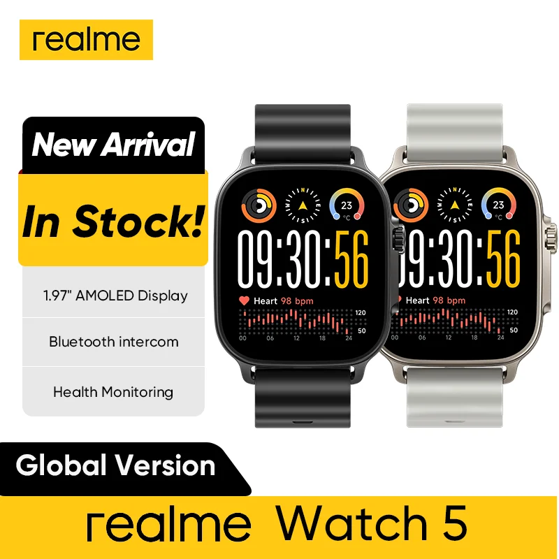 Realme Watch 5 montre intelligente 1.97 "2D plat AMOLED affichage boussole et GPS indépendant avec 5 GNSS autonomie de 14 jours carte NFC IP68