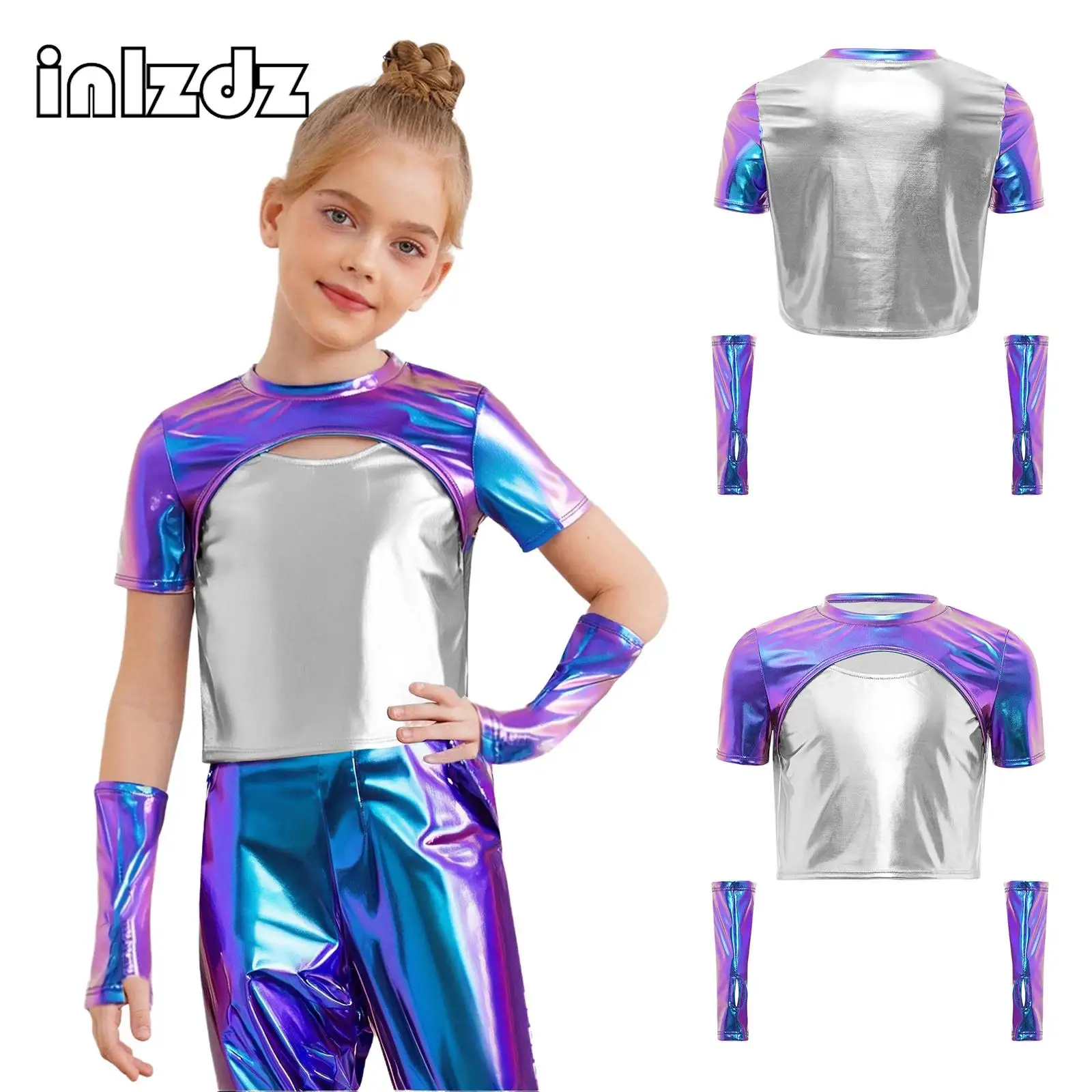 

Fashion Kids Girls Hip-Hop Jazz Dance Performance Tops Short Sleeve Cutout Front Metallic Top+Gloves Streetwear Dancewear Sets