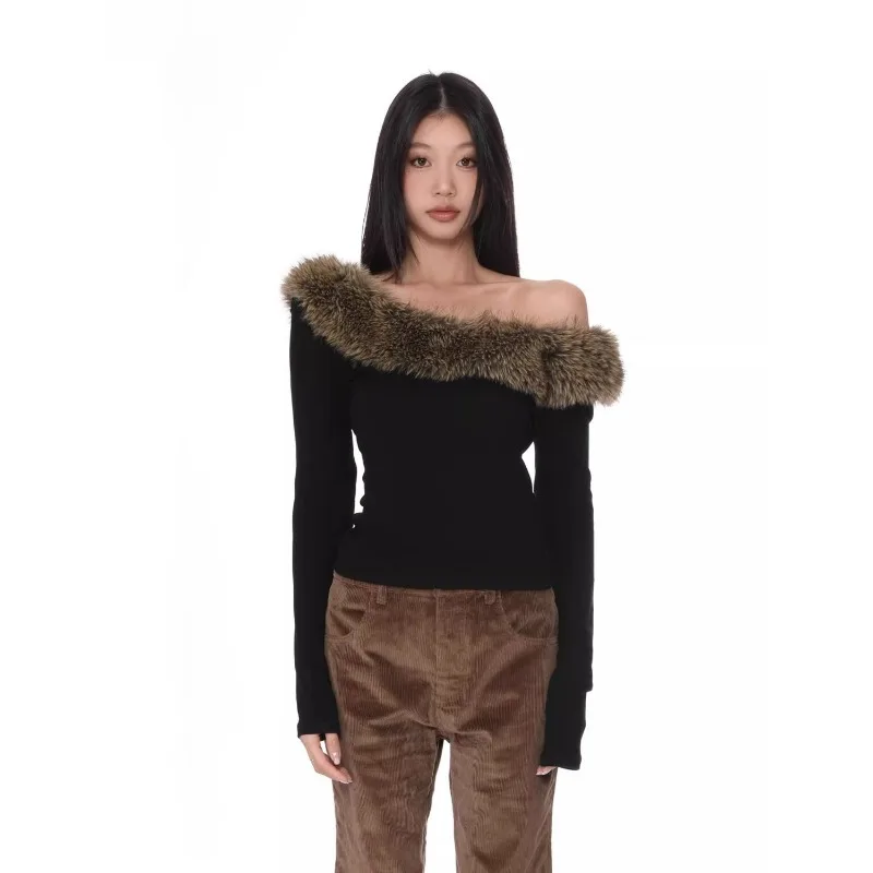 Outono e inverno design nicho peludo fino ajuste de um ombro manga comprida moda viajando bottoming topo