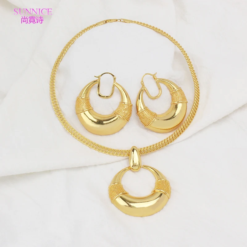 

Dubai 18k Gold Plated Jewelry Sets For Women Round Hoop Earrings Necklace Bridal Jewellery Wedding Gifts Free Shipping