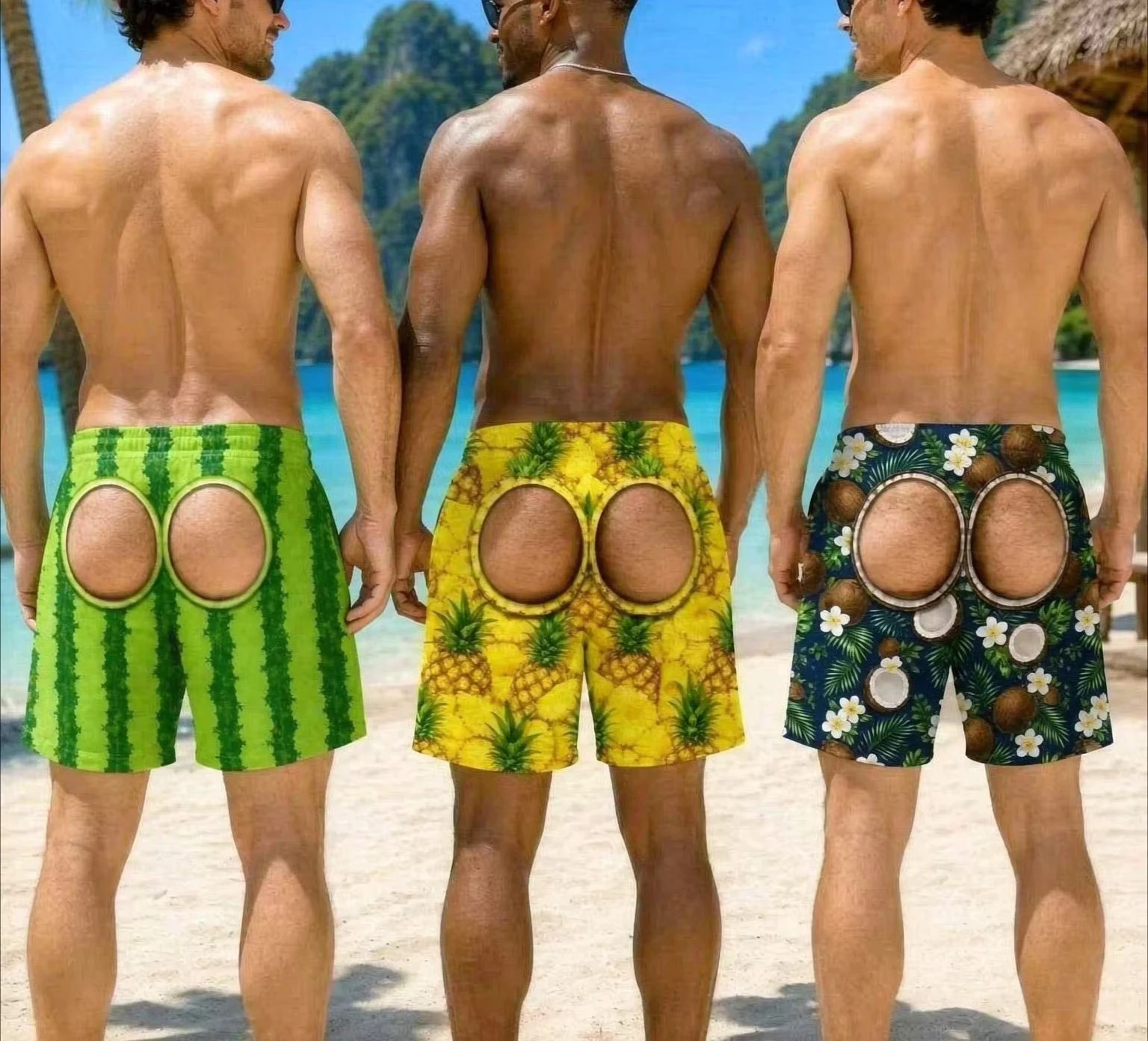 Fun and Quirky Fruit-themed Swim Trunks Men 3D Print Fake Buttock Pattern Beach Party Board Shorts Novel Boyfriend Husband Moto