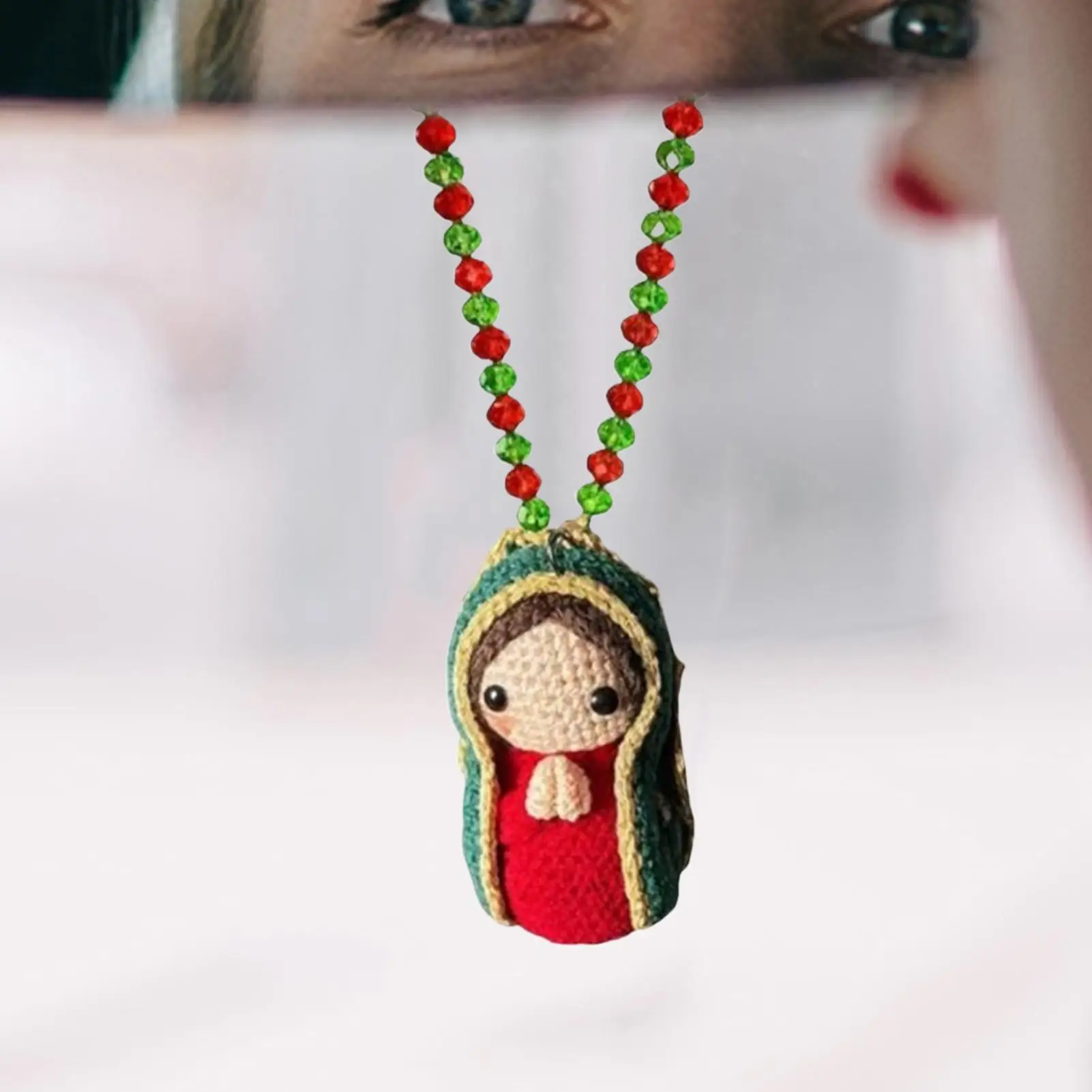 

Rear View Mirror Decor Virgin Mary Cotton Yarn Bag Charm Mary Car Ornaments With Flower Bead Decor For Truck SUV RV Sedan