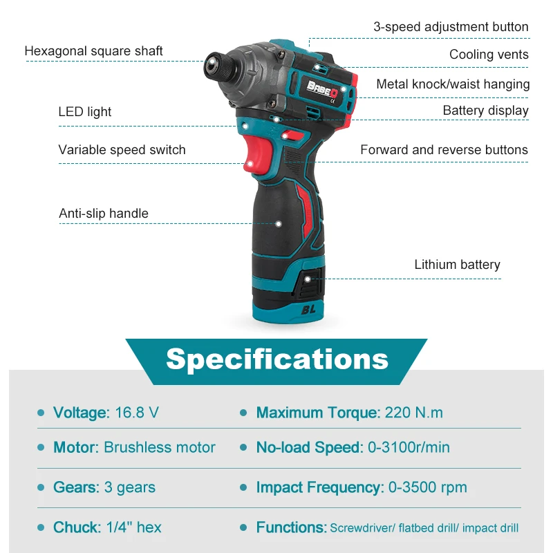 

16.8V 220N.m Brushless Electric Drill Screwdriver Impact Driver Cordless Drill Household Handheld Multifunction Hit Power Tools