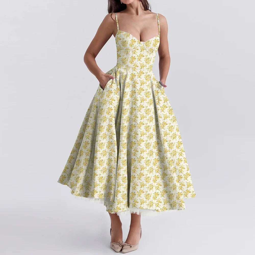CPSYMYM vestidos Primavera Verano Retro Vintage Skinny Fit Ditsy Floral sin mangas escote corazón Midi Cami vestidos para mujer