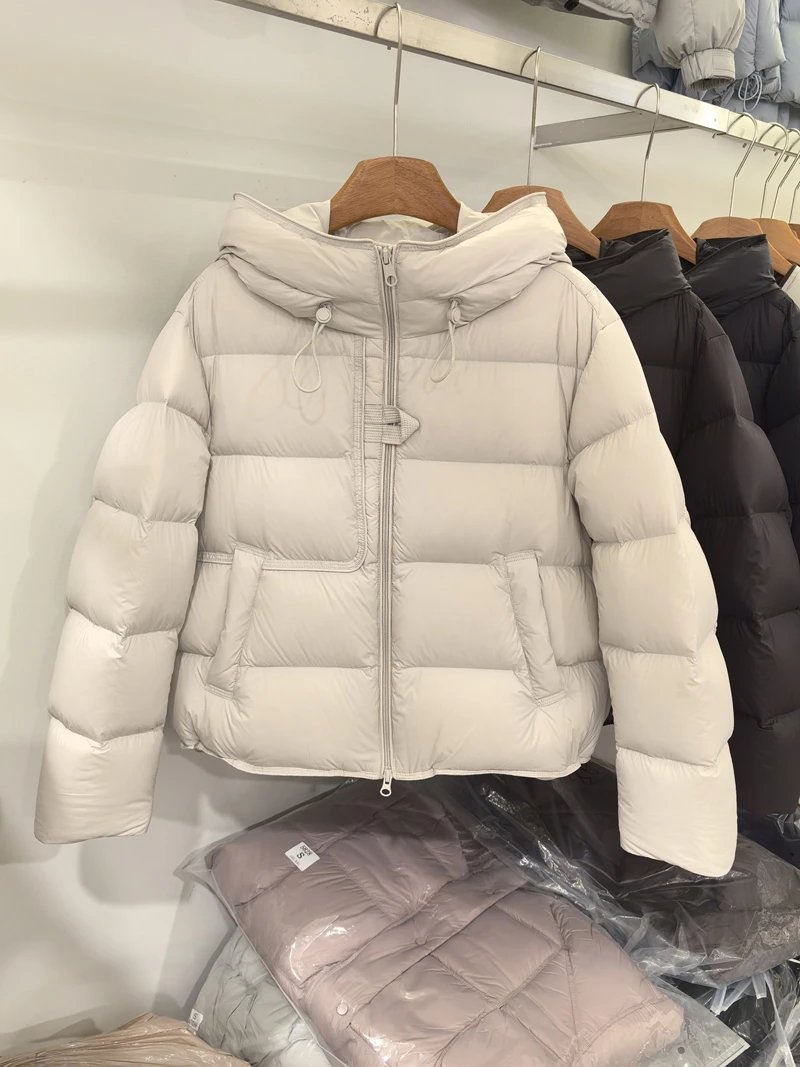 

Warm Short Puffer Jacket Women's Style Casual Loose Fit White Duck down Coat Hooded Zipper Closure Thickened Winter Outerwear