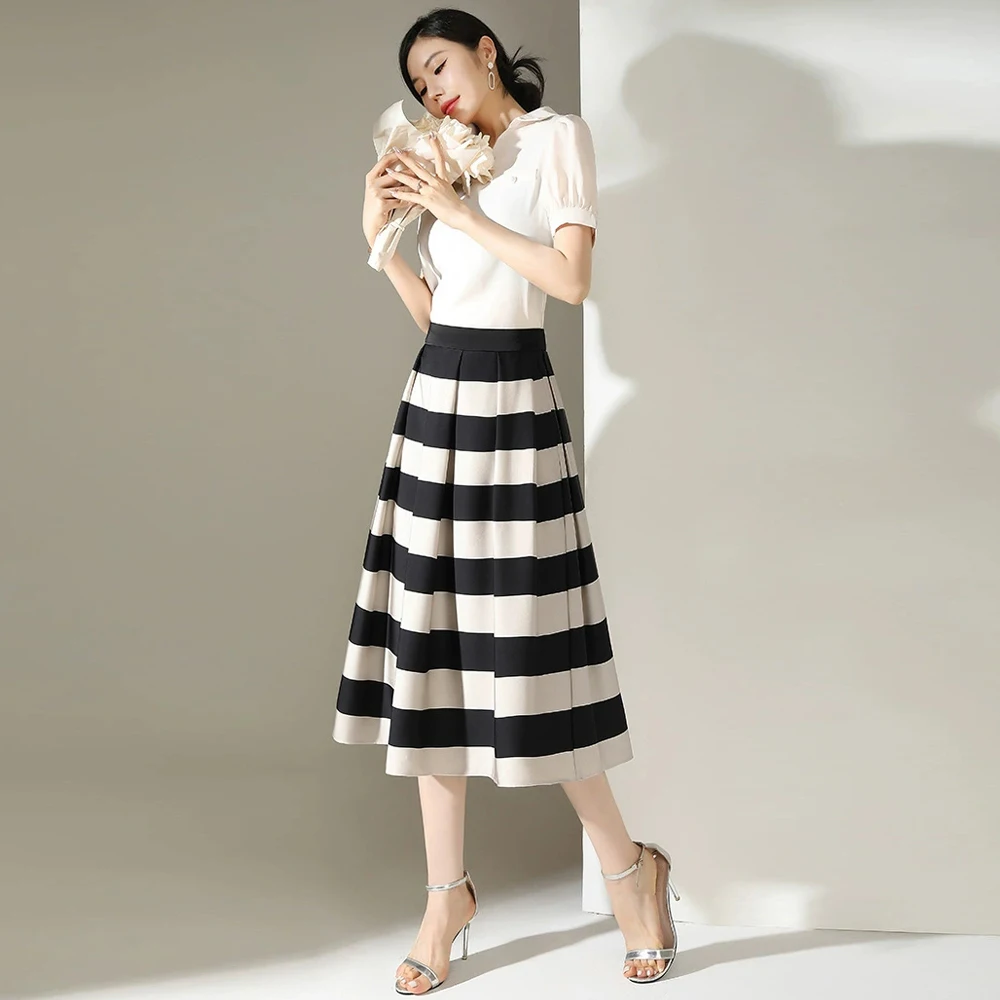 Elegant Big Black White Striped Baggy High Waist A-Line Skirts For Women Summer Vintage Casual Streetwear Pleated Long Skirts