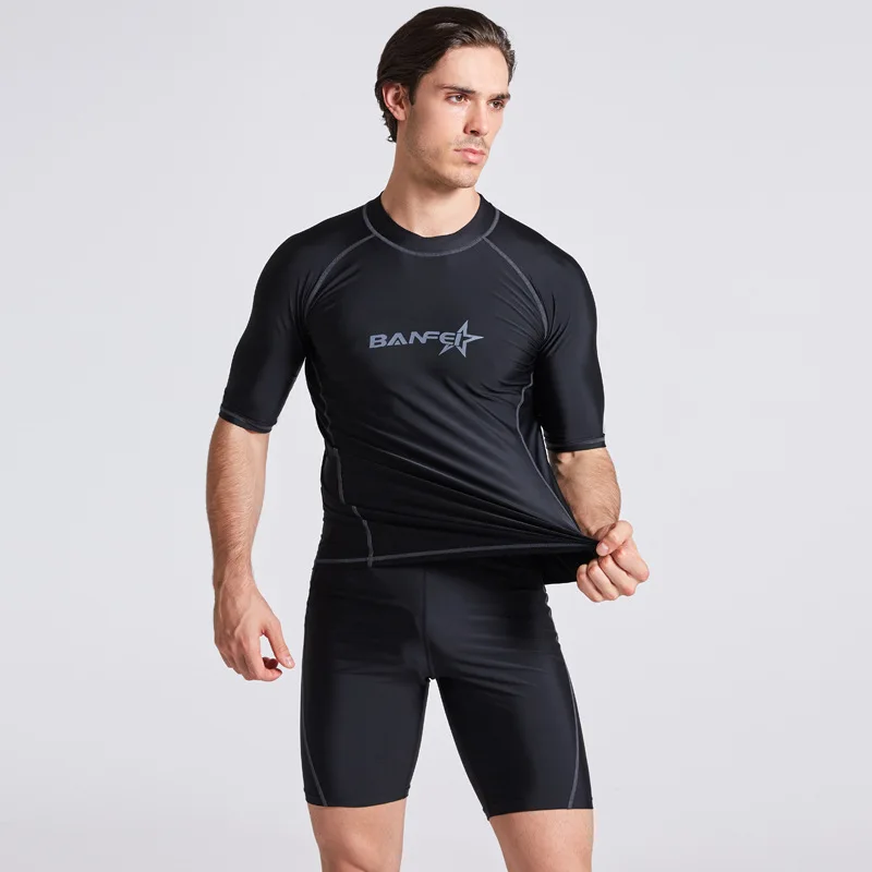 Nowe krótkie rękawy czarny Nylon Spandex Stretch szybkoschnąca wysypka kamizelki pływackie strój do surfingu rashguardy do nurkowania dla mężczyzn