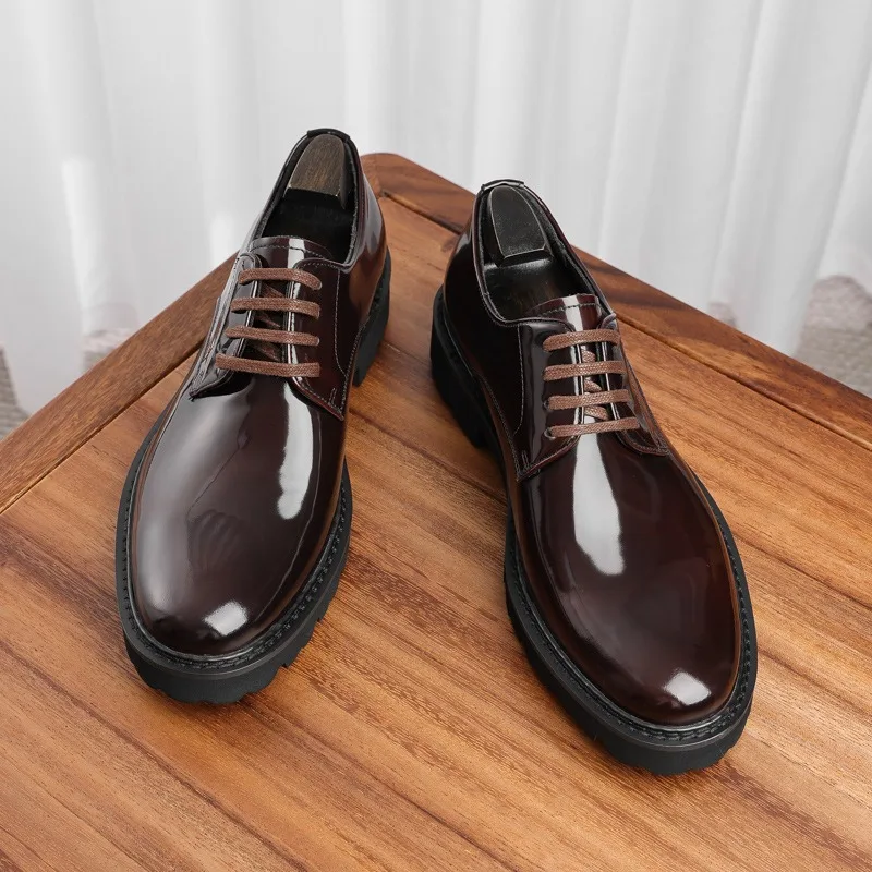 

Men Formal Leather Shoes Business Dress Derby Round Toe Thick Sole Shiny British Style Wedding Groom Shoes